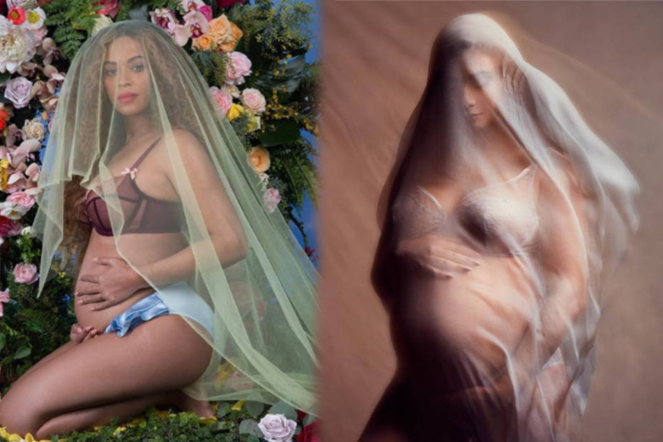 Popstar Beyoncé (links) posierte während ihrer Schwangerschaft vor anderthalb Jahren auf ähnliche Weise.