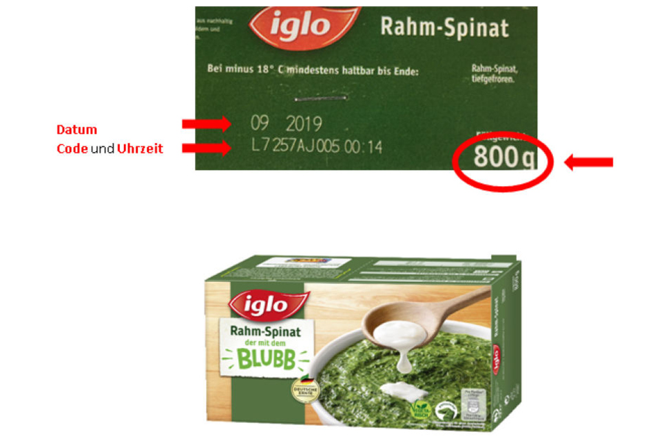 Betroffenist die 800-Gramm-Packung iglo Rahm-Spinat ("der mit dem Blubb") mit dem Haltbarkeitsdatum 09.2019 sowie dem Code L7257AJ005.