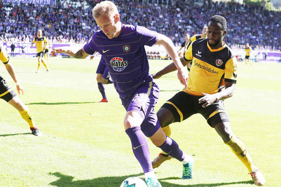 Erich Berko (re.) vergab in Aue die beste Chance der Dynamos.
