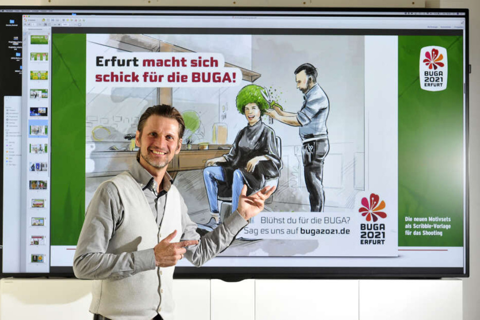Mit witzigen Motiven macht Werbe-Chef Jörg Fieback (48) Appetit auf die Bundesgartenschau in Thüringen.