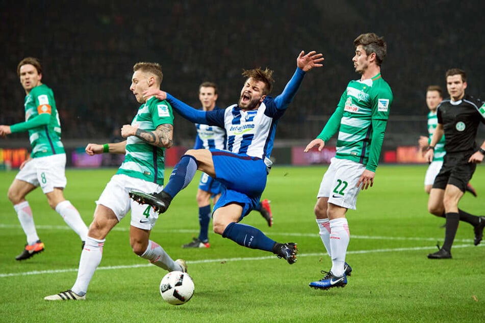 Berlins Marvin Plattenhardt im Dreikampf. Gegen Bremen setzte es in der vergangenen Saison eine bittere 1:0-Niederlage vor heimischer Kulisse.