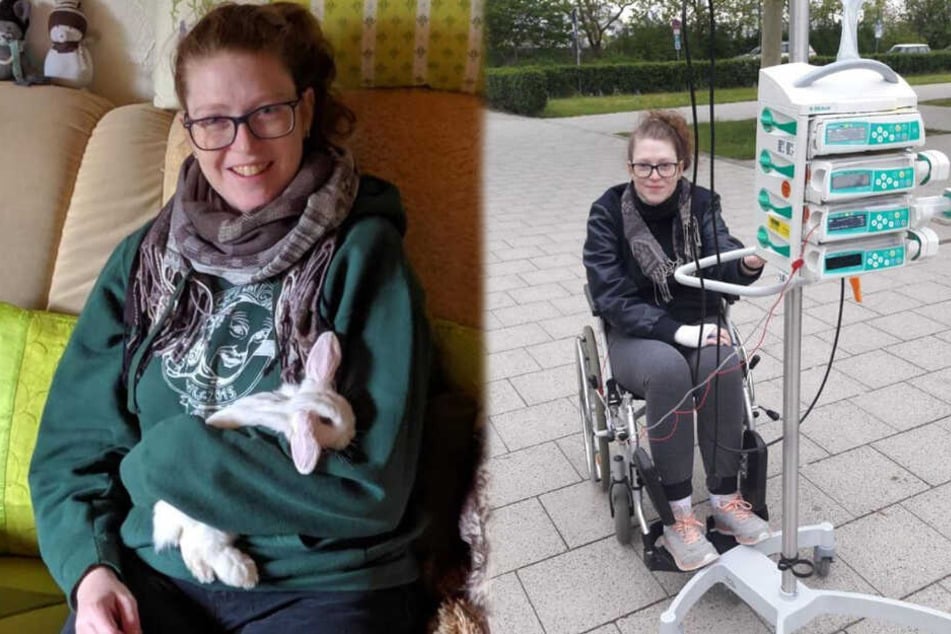 Lisa bei einer Untersuchung in München im Mai 2019 (rechts im Bild) und auf einer Couch sitzend mit einem Hasen im Arm. (Fotomontage)