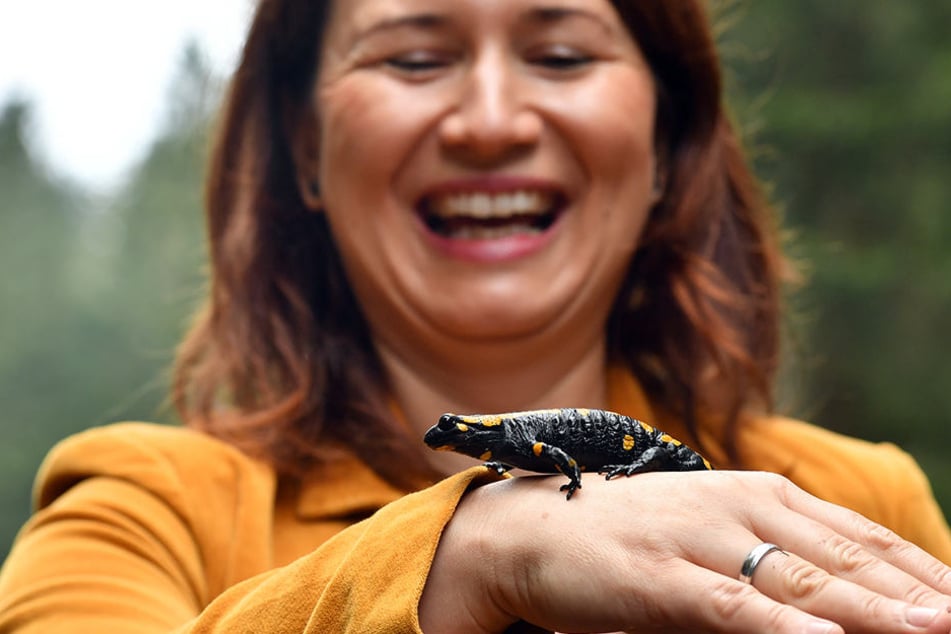 Umweltministerin Antje Siegesmund (Grüne) mit einem Feuersalamander.