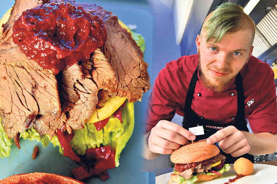 Koch Christian Wagner hisst noch ein Vogtland-Fähnchen auf dem fertigen Burger.