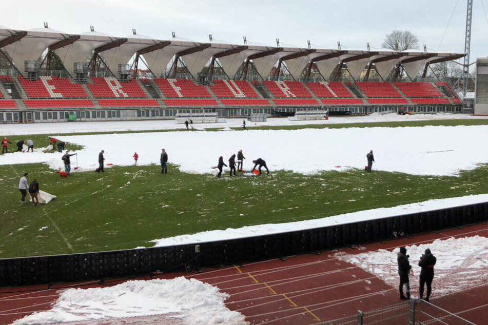 Die freiwilligen Helfer packen in Erfurt mit an, um den Rasen bespielbar zu machen.