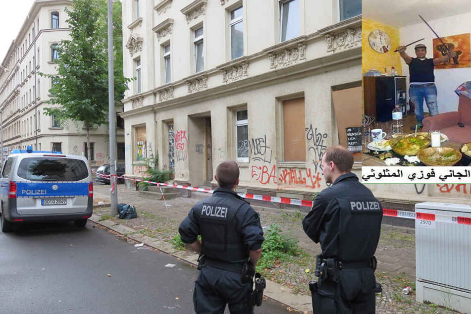 Polizisten sperren das Wohnhaus des Täters ab. Hier soll Faouzi M. die zwei Landsleute getötet und zerstückelt haben. Im Internet posierte der Tunesier mit Schwert und Machete.