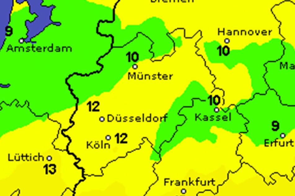 Die Karte zeigt, dass die Höchsttemperaturen bei etwas mehr als zehn Grad liegen. Es bleibt also kühl und ungemütlich in OWL.