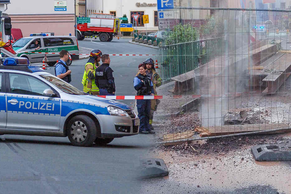 Gasaustritt in der Stollberger Innenstadt! Große Mengen strömten aus der beschädigten Leitung.