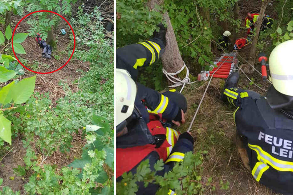 Die verletzte Person, die nach dem Absturz an einem Baum lag, musste via Trage und Leiter nach oben transportiert werden.