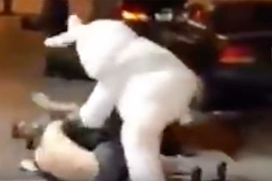 Der Mann im Hasenkostüm holt den Angreifer von der Frau runter und verpasst ihm eine Tracht Prügel.