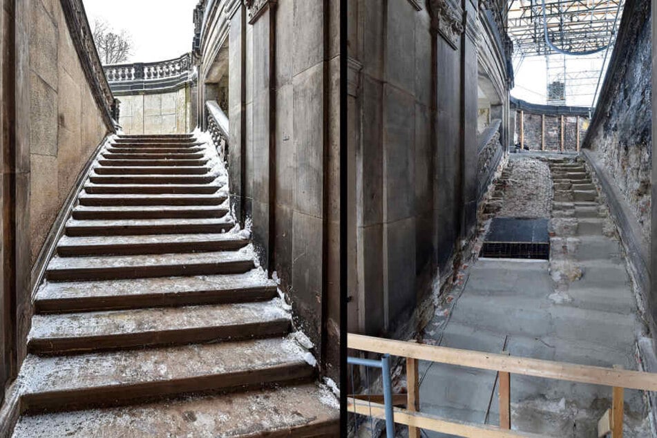 Links im Bild: Die bereits abgerissene und wieder neu errichtete Treppe. An den Stufen im rechten Bild wird noch gewerkelt.
