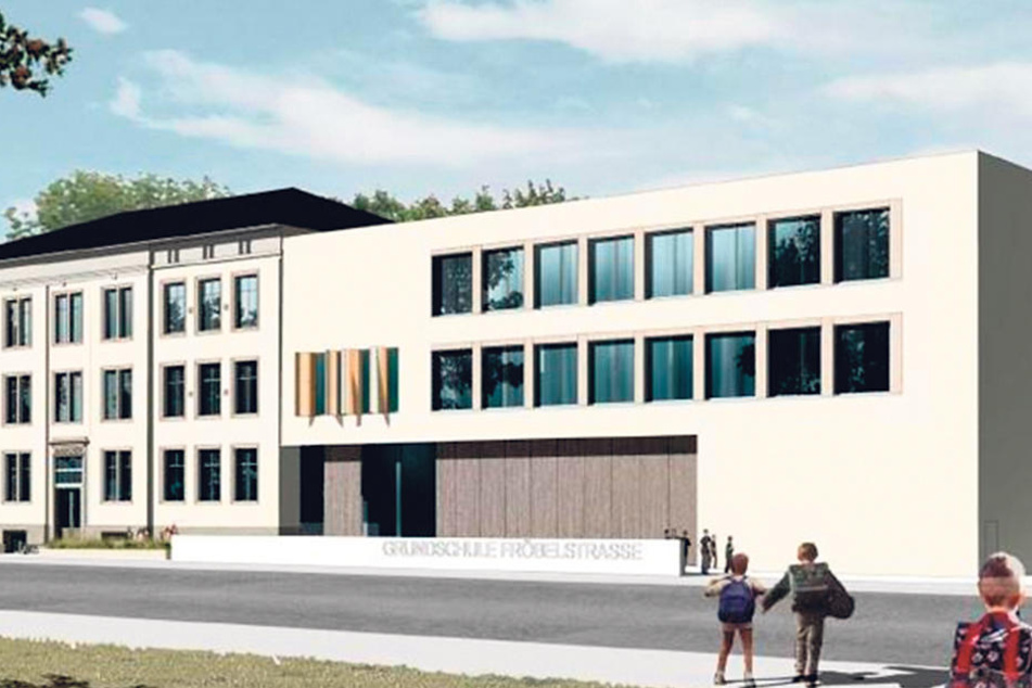 So soll der Erweiterungsbau neben der sanierten 153. Grundschule in der
Friedrichstadt künftig aussehen.