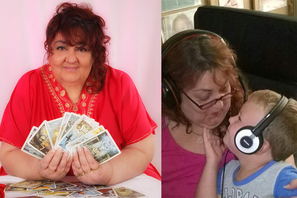 Links: Birgit Vildebrand mit ihren Tarotkarten. Rechts: Birgit und ihr Enkel John im Tonstudio.