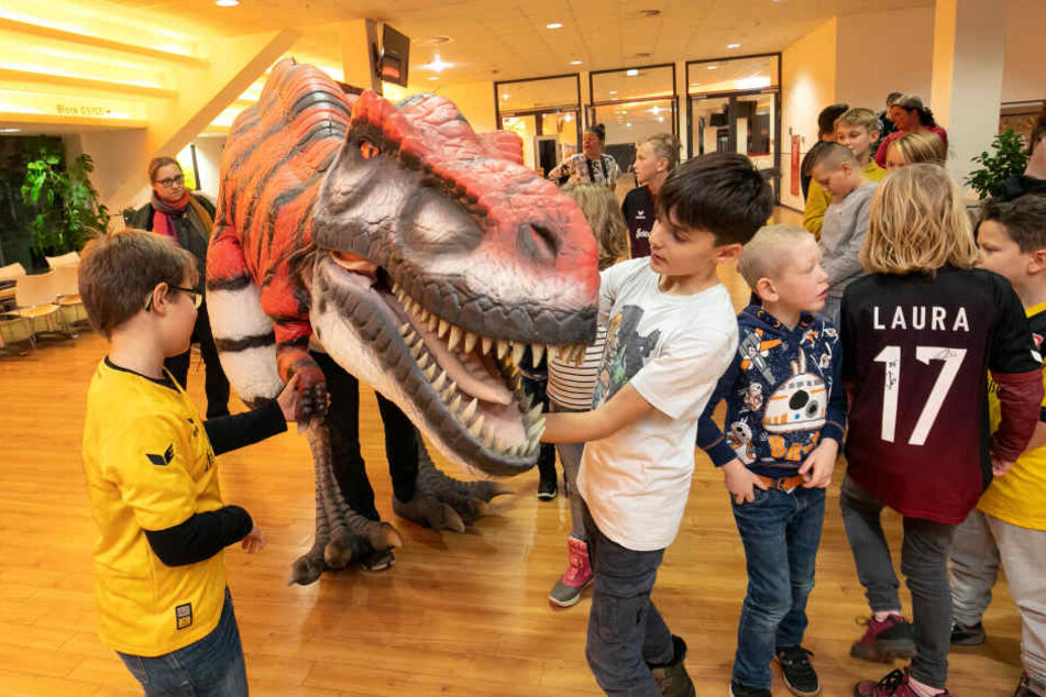Jonas (7) und Leon (10, r.) trauten sich ganz nah an Baby-T-Rex Olaf heran.