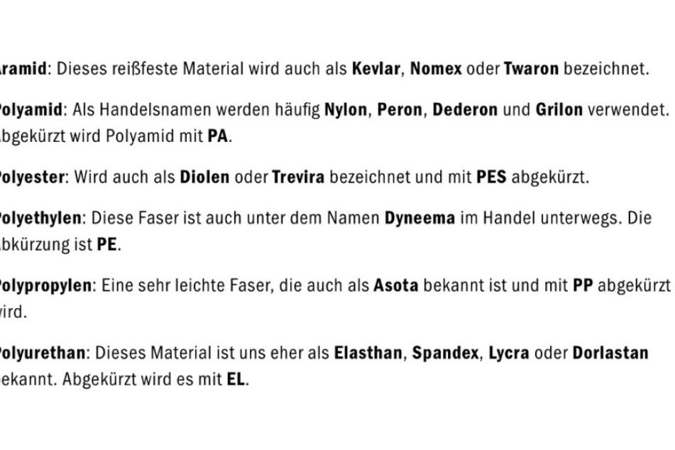 Namen für synthetische Chemiefasern aus Kunststoff.