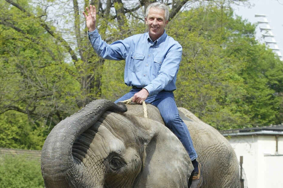 Immer für ein Spässchen gut: Christoph Franke ritt 2004 auf der Elefantendame Drumbo im Dresdner Zoo.
