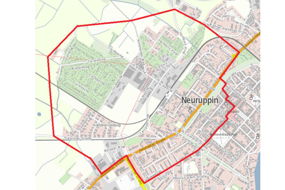 Für die Entschärfung einer Weltkriegsbombe am Freitag soll dieser Bereich in Neuruppin evakuiert werden.