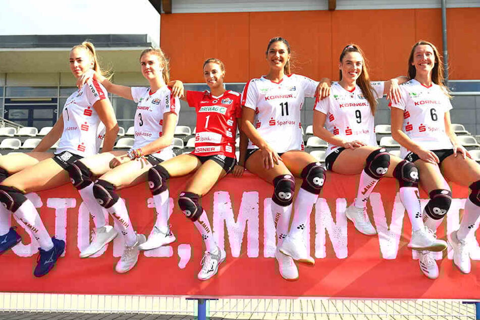Sechs der sieben DSC-Neuzugänge. Im Sonnenschein von links: Laura de Zwart, Emma Cyris, Lenka Dürr, Milica Kubura, Lucija Mlinar und Kadie Rolfzen