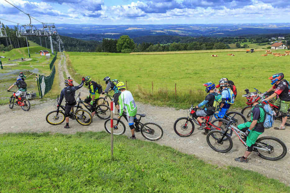 Mountainbiker auf einer Strecke bei Schöneck im Vogtland.