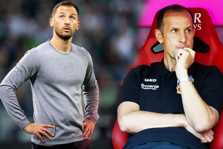 Stehen schon nach drei Spieltagen im kritischen Fokus der Medien: Schalkes Trainer Domenico Tedesco (l.) und Leverkusens Coach Heiko Herrlich (r.).