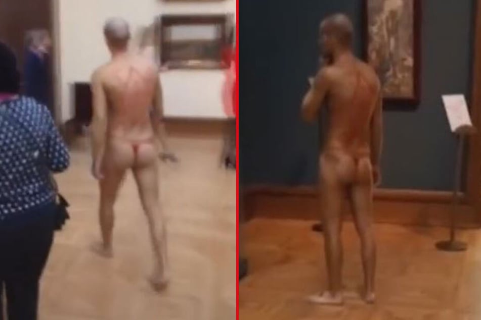 Auf dem Video ist zu sehen, wie der Tanga-Mann in aller Seelenruhe die Kunstwerke anschaut und durch die Galerie schlendert.