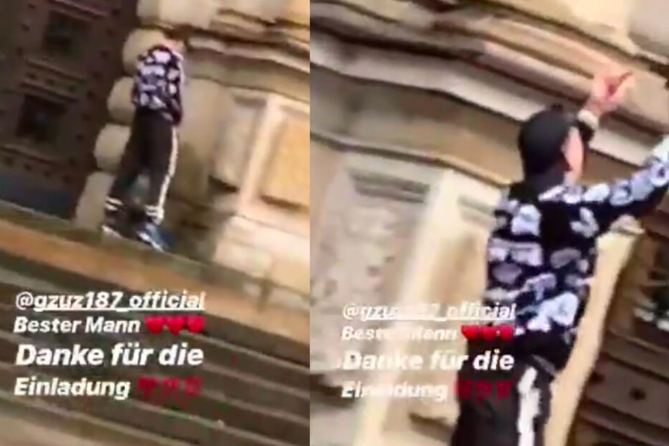 Gzuz pinkelt gegen das Strafjustizgebäude in Hamburg und zeigt danach beide Mittelfinger.