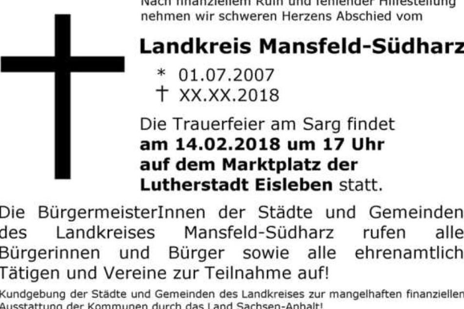 Mit einer Todesanzeige warben die Bürgermeister der Städte und Gemeinden des Landkreises Mansfeld-Südharz für ihre symbolische Trauerfeier.
