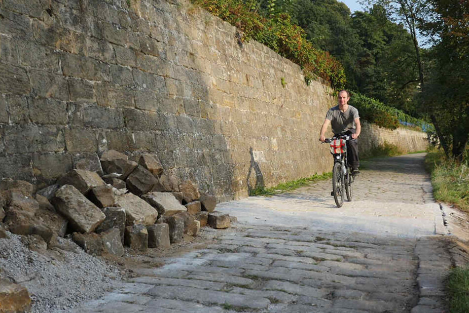 Frisch gepflastert, aber der Elberadweg östlich des Körnerplatzes ist
und bleibt eine Holperpiste.