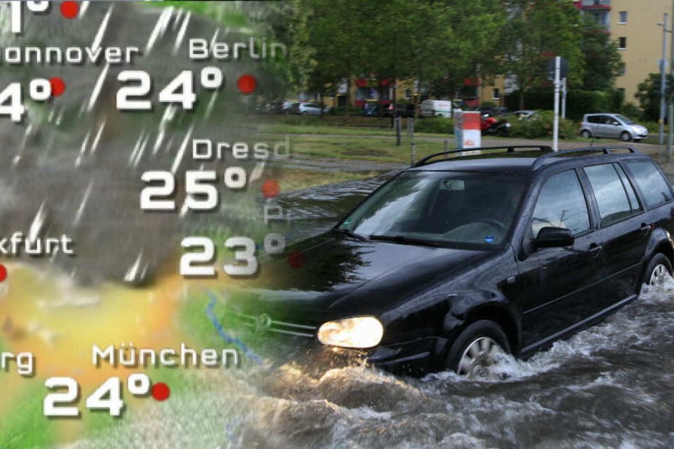 Ein Auto fährt über eine teilweise überflutete Straße.