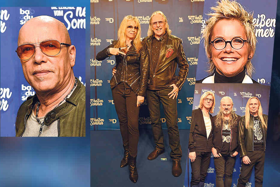 (v. li.) City"-Frontmann Tony Krahl, Petra Zieger (59) mit Mann Peter Taudte (68), Sängerin Inka Bause (50) und die Silly-Musiker Ritchie Barton (65), Hans-Jürgen Reznicek (65) und Uwe Hassbecker (58).