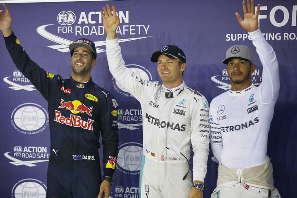 Die Platzierten auf dem Siegerpodest: Daniel Ricciardo, Nico Rossberg und Lewis Hamilton.