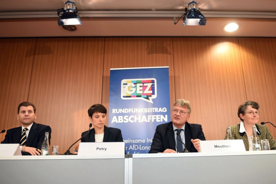 AfD-Pressesprecher Christian Lüth (l-r), die AfD-Bundesvorsitzenden Frauke Petry und Jörg Meuthen sowie die fachpolitische Sprecherin, Kirsten Muster bei der Pressekonferenz in Berlin.