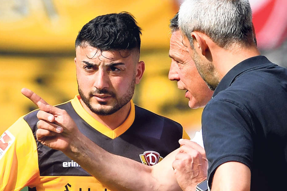Dynamo-Trainer Uwe Neuhaus (M.) weiß, was er an Aias Aosman hat, auch wenn er seinem Kreativspieler ab und an mal die Richtung vorgeben muss.