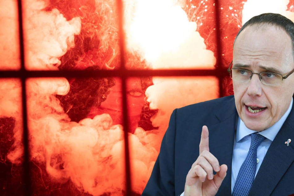 Hessens Innenminister kämpft gegen den Einsatz von Pyrotechnik in den Fußballstadien (Fotomontage).