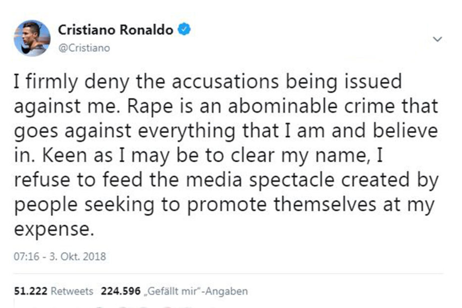 Ronaldos Tweet vom 3. Oktober 2018, in dem er sich zu den Anschuldigungen äußert.