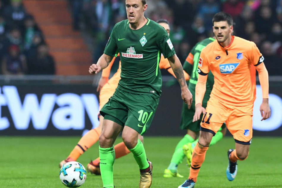 Bremens Max Kruse (l.) kämpft gegen Hoffenheims Florian Grillitsch um den Ball.