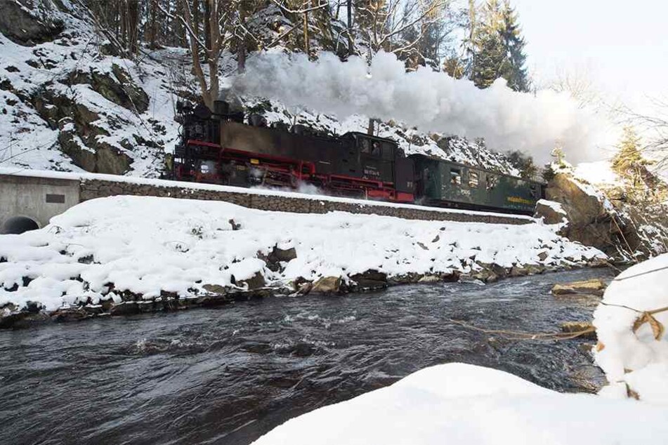 Die Weißeritztalbahn fährt auch während der Winterzeit. Hier der malerische Rabenauer Grund.
