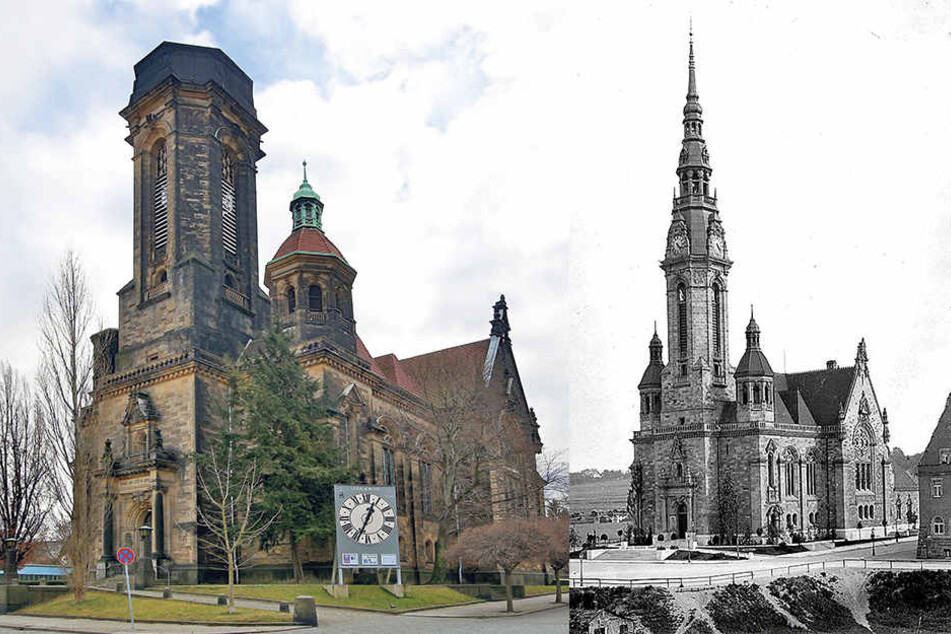 So sieht die Lukaskirche heute aus. Der Turm fiel der Bombennacht im Februar 1945 zum Opfer. Historische Aufnahme (re.).