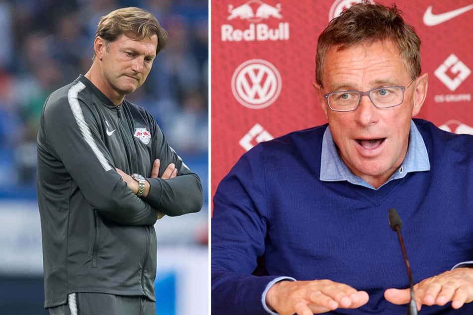 Ratlos steht RB-Trainer Ralph Hasenhüttl (l.) an der Seitenlinie. Sportdirektor Ralf Rangnick (r.) hatte derweil viel zu meckern.