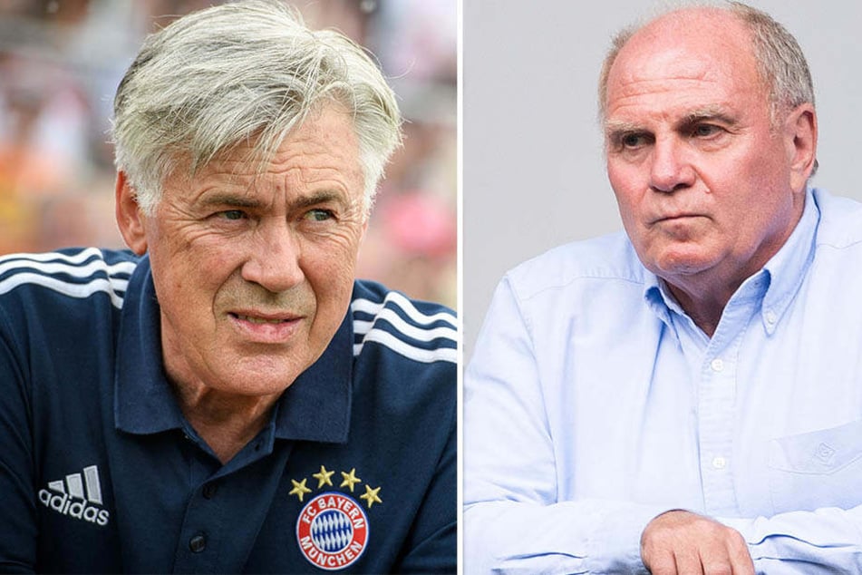 Bange Blicke zur Konkurrenz: Bayern-Trainer Carlo Ancelotti (l.) und Präsident Uli Hoeneß (r.) rechnen auch 2017/18 mit starken Roten Bullen.