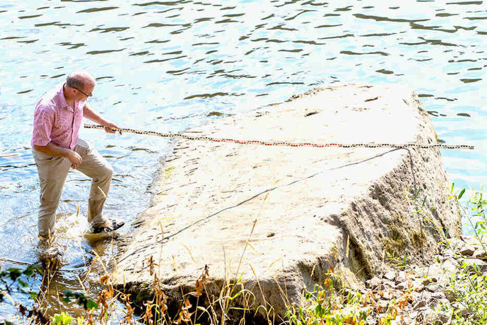 Geologe Michael Lange (56) vom Naturhistorischen Forschungsinstitut Senckenberg Dresden untersucht den Hungerstein in Oberposta.