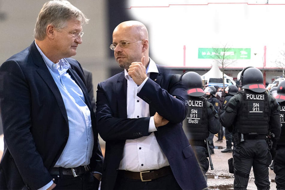 Im Inneren der Sachsen-Arena berieten die AfD-Poltiker Jörg Meuthen (links), Andreas Kalbitz & Co. über die Zukunft der Partei in Europa und der Europäischen Union.