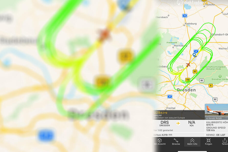 Zu Start-und Landeübugen ist eine EasyJet-Maschine über Dresden unterwegs.