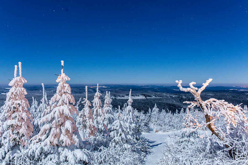 Richtig märchenhaft wirkt der Fichtelberg bei Nacht.