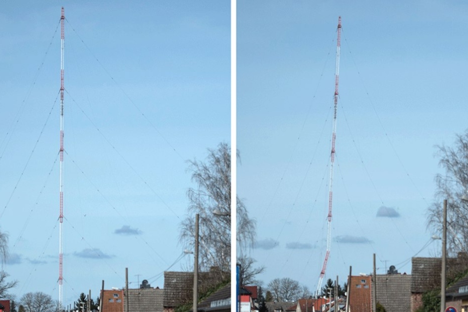 Der Funkturm vor und kurz (re.) nach der Zündung.