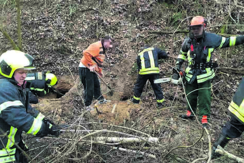 Mit Kettensäge und Schaufel versuchte die Feuerwehr das Hündchen zu befreien.