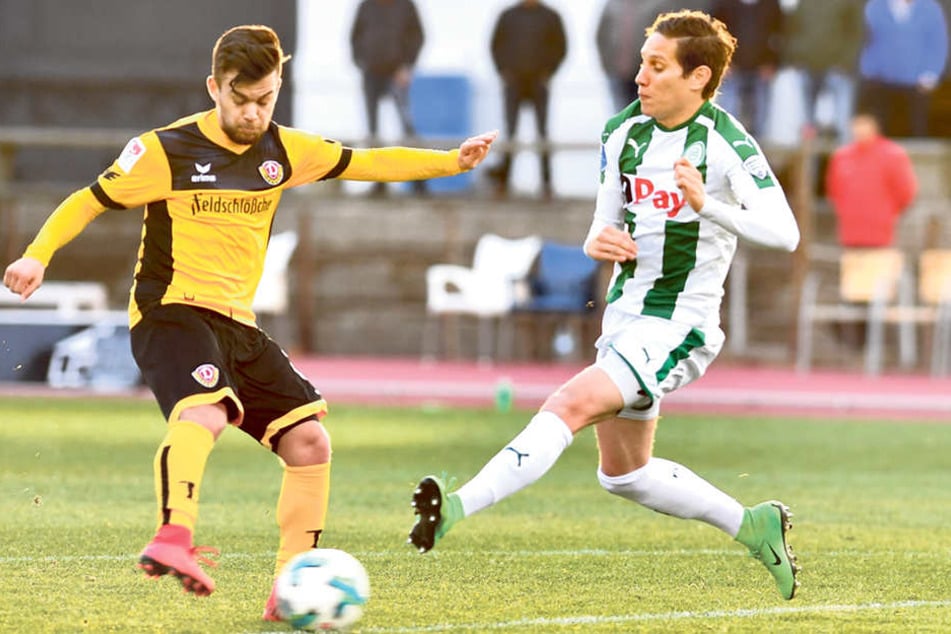 Sascha Horvath (l.) zieht vor David Browne ab und trifft zum 2:0 für die Dresdner.