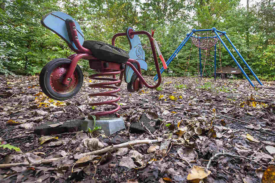 Auf dem ungesicherten Gammel-Spielplatz steht ein kaputtes Wipp-Tier. Darauf
zu spielen, ist gefährlich.