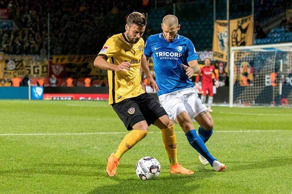 Das Hinspiel in Bochum gewann Dynamo knapp mit 1:0. Niklas Kreuzer (l.) setzte sich hier gegen Timo Perthel durch.
