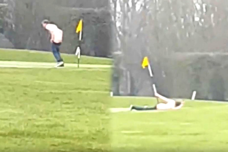 Was macht der Golfer denn da mit der Fahne (rechts). Nach seiner kuriosen Aktion sucht er schleunigst das Weite.